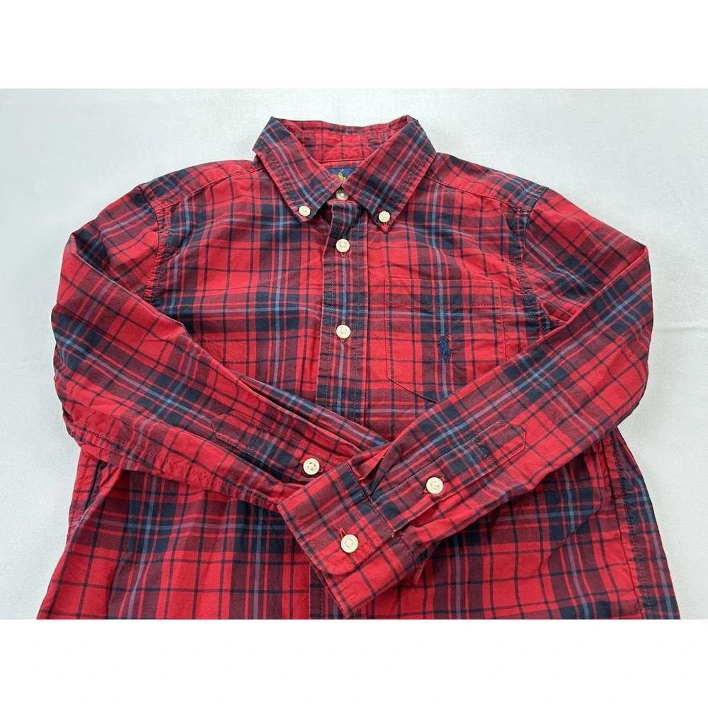 Ralph Lauren Boys Size 5 Red Navy Plaid Button Down Shirt 100% Cotton